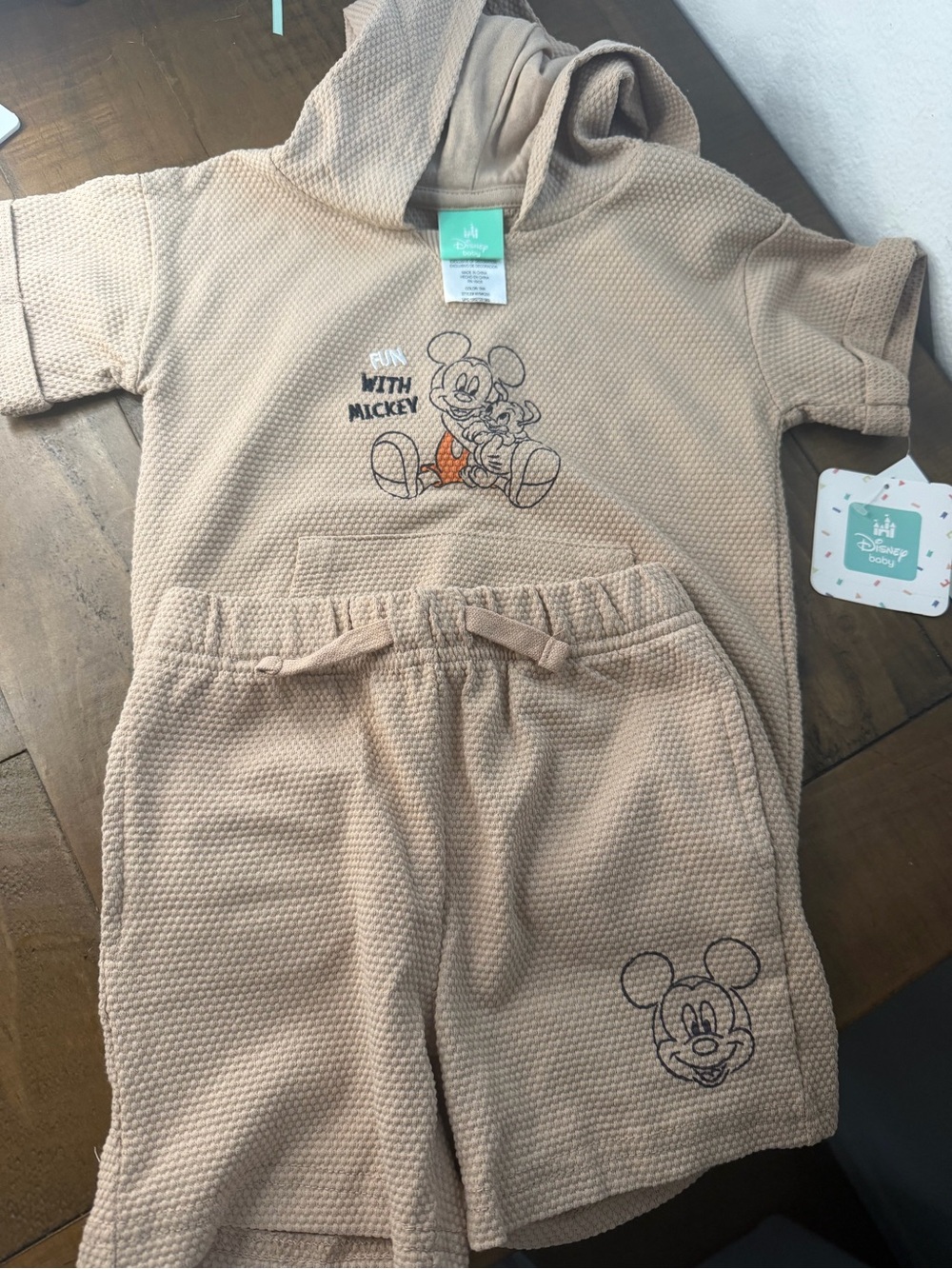 Mickey Mouse toddler baby infant tan 2 piece set shorts/shirt sleeve hoodie 12m